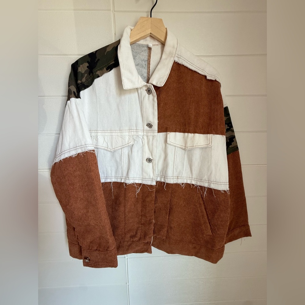 Camouflage, Canvas and Brown Corduroy Patchwork Jacket NWOT
